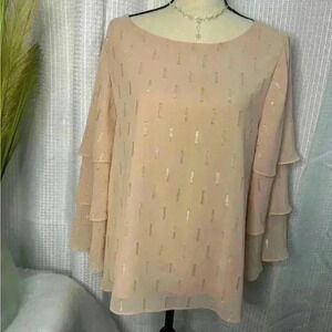Chico’s 1 US M Dusty Pink Long Tiered Bell Sleeves Metallic Stitching Dressy Top